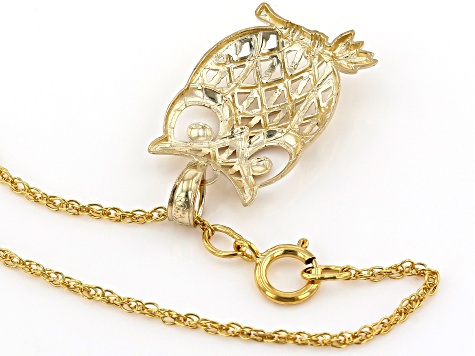 14K Yellow Gold Owl Charm Pendant with 0.8mm Box Chain Necklace