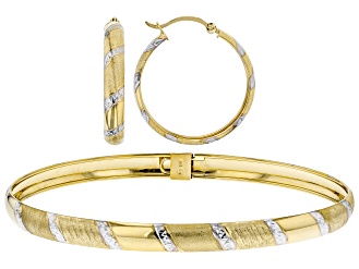 10K Yellow Gold Rhodium Accent 5.75MM 7.5" Bangle Bracelet and 4MM Hoop Earrings Set