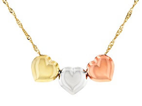 14K Tri-Color Gold Polished Triple Hearts Singapore Chain 18 Inch Necklace