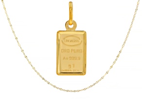 24k Yellow Gold 1g Ingot Pendant With 10k Gold Frame and 10k Yellow Gold 1.5mm Mirror Link Necklace