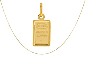 24k Yellow Gold 1g Ingot Pendant With 10k Yellow Gold Frame and 14k Yellow Gold 0.5mm Box Chain Set