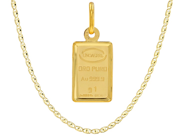 24k Yellow Gold 1g Ingot Pendant With 10k Gold Frame and 10k Yellow Gold 1.5mm Valentino Chain