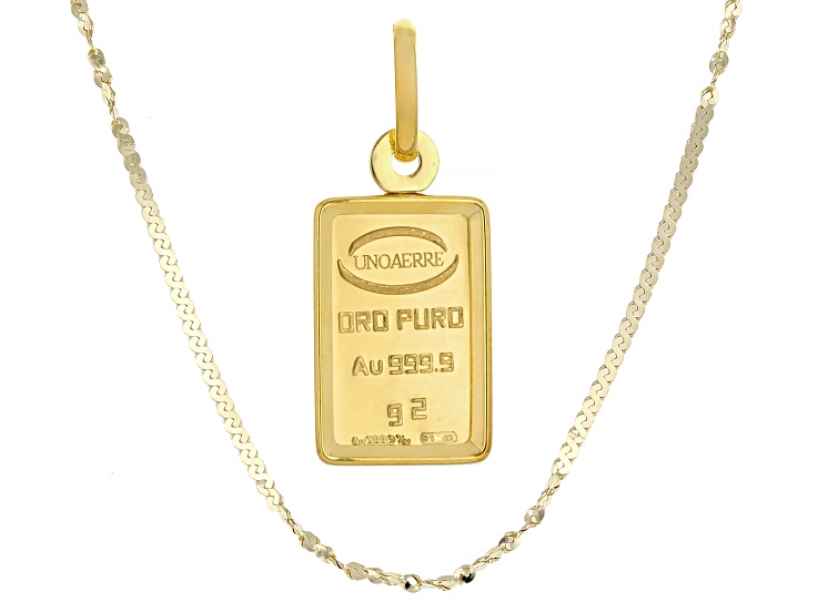 24k Yellow Gold 2g Ingot Pendant With 10k Yellow Gold Frame and 10k Gold 1mm Serpentina Necklace