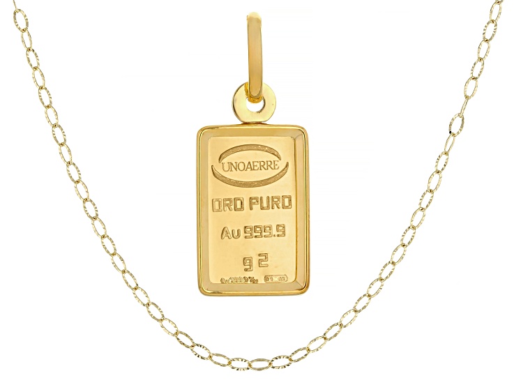 24k Yellow Gold 2g Ingot Pendant With 10k Gold Frame and 10k Gold 1.75mm Sunburst Necklace