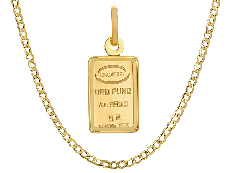 24k Yellow Gold 2g Ingot Pendant With 10k Yellow Gold Frame and 10k Yellow Gold 3.25MM Curb Chain
