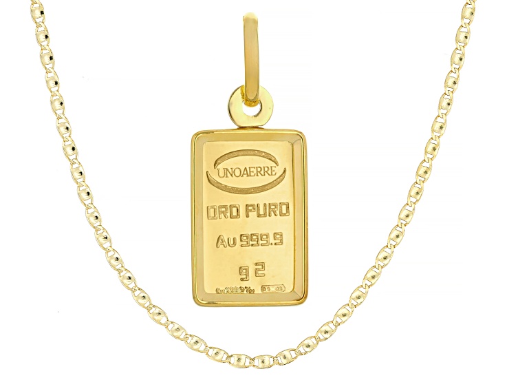 24k Yellow Gold 2g Ingot Pendant With 10k Gold Frame and 10k Yellow Gold 1.5mm Valentino Chain