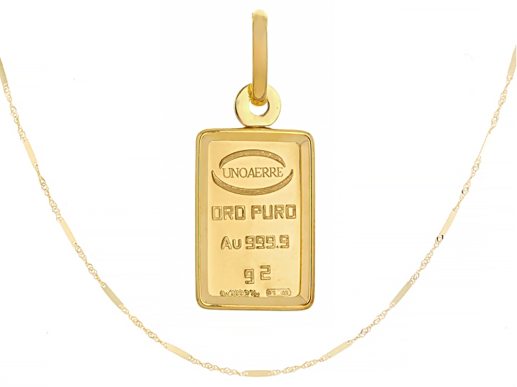 24k Yellow Gold 2g Ingot Pendant With 10k Gold Frame and 10k Gold Twisted Mirror Station Necklace