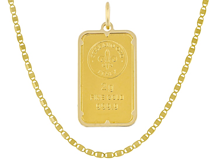 24k Gold 2g Ingot with 14k Gold Frame Pendant, 14k Gold 1.6mm