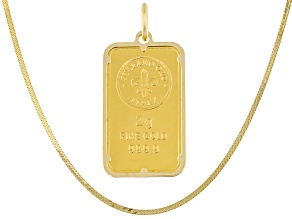 24k Gold 2g Ingot with 14k Gold Frame Pendant, 14k Gold 1.25mm Herringbone 18" Chain