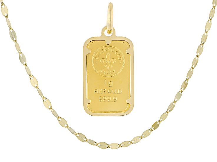 24k Yellow Gold 2g Ingot with 14k Yellow Gold Frame Pendant & 1mm Petali 18" Necklace