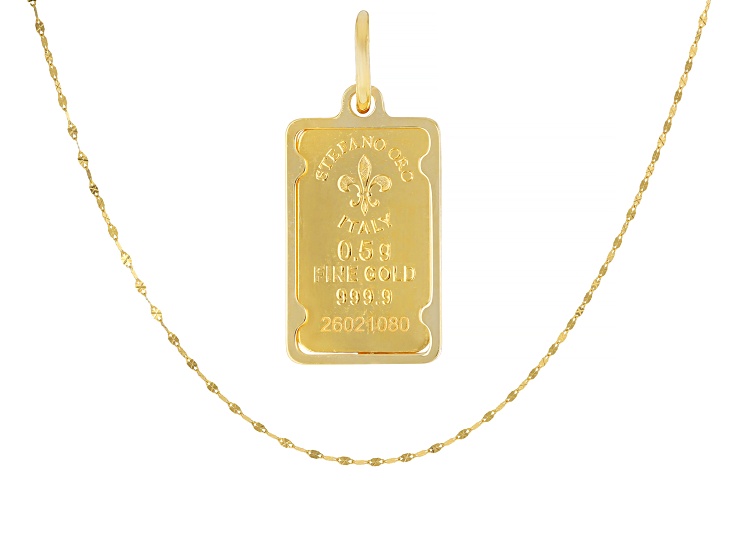 24k Gold.5g Ingot with 14k Gold Frame Pendant & 14k Gold 1.3mm Petali Baci 18" Chain