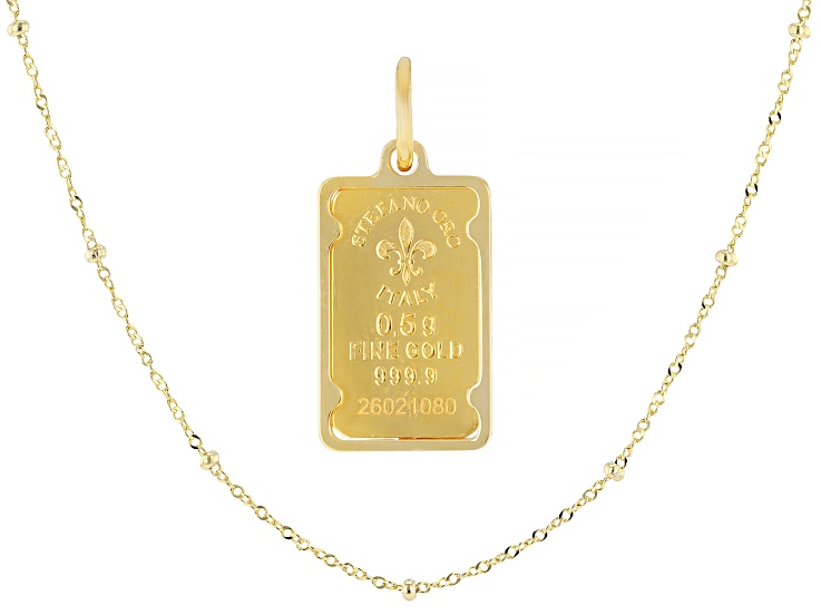 24k Gold.5g Ingot with 14k Gold Frame Pendant & 14k Gold 1.5mm Bead Station 18" Chain
