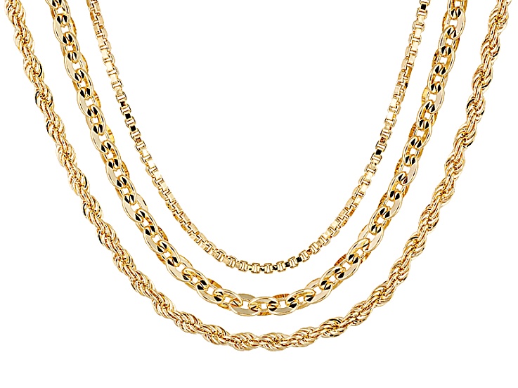 18k Yellow Gold Over Bronze Box, Rope, Cable Link Chain Set Of 3 18, 20, 24 inch