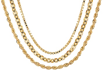 Picture of 18k Yellow Gold Over Bronze Box, Rope, Cable Link Chain Set Of 3 18, 20, 24 inch