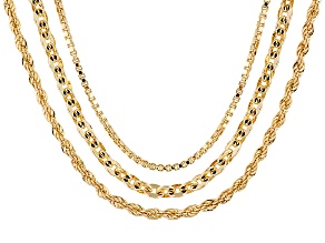 18k Yellow Gold Over Bronze Box, Rope, Cable Link Chain Set Of 3 18, 20, 24 inch