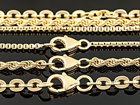 18k Yellow Gold Over Bronze Box, Rope, Cable Link Chain Set Of 3 18, 20, 24 inch