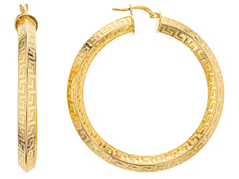 18k Yellow Gold Over Bronze Greek Key Tube Hoop Earrings