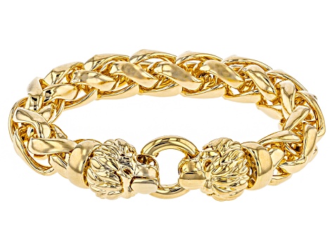 18k Yellow Gold Over Bronze Wheat Link Lion Head Bracelet 9 inch