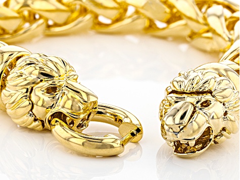 18k Yellow Gold Over Bronze Wheat Link Lion Head Bracelet 9 inch