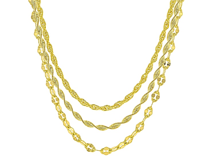18k Yellow Gold Over Bronze Herringbone Mirror Rope Link Chain Set