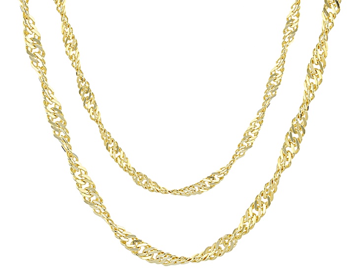 18k Yellow Gold Over Bronze Singapore Link Chain Necklace Set Of 2