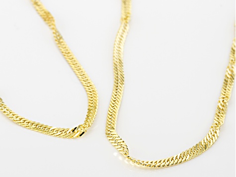 18k Yellow Gold Over Bronze Singapore Link Chain Necklace Set Of 2 20/24 inch