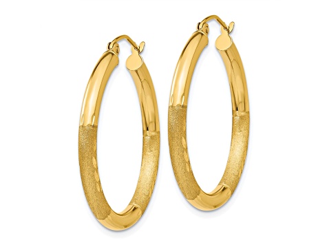 10k Yellow Gold 30mm x 3mm Satin & Diamond-Cut  Round Hoop Earrings