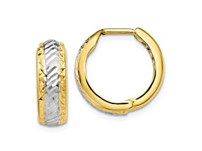 10k Yellow Gold 16mm x 4mm With White Rhodium Polished And Diamond-Cut Hoop Earrings