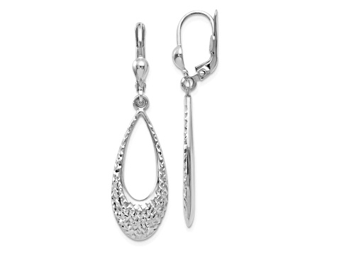 10k White Gold Polished & Diamond-Cut Leverback Earrings