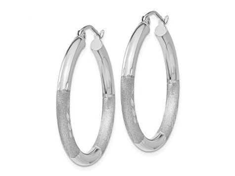 10k White Gold 25mm x 3mm Satin & Diamond-Cut  Round Hoop Earrings