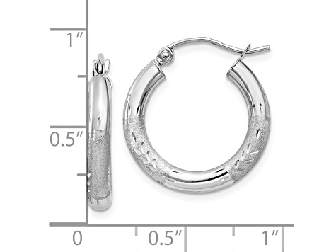 10k White Gold 15mm x 3mm Satin & Diamond-Cut  Round Hoop Earrings