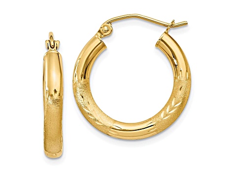 10k Yellow Gold 20mm x 3mm Satin & Diamond-Cut Round Hoop Earrings
