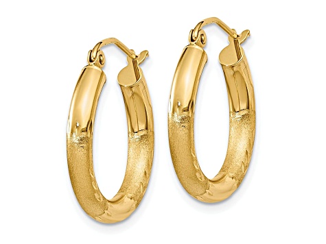 10k Yellow Gold 20mm x 3mm Satin & Diamond-Cut Round Hoop Earrings