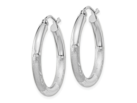 10k White Gold 20mm x 3mm Satin & Diamond-Cut  Round Hoop Earrings