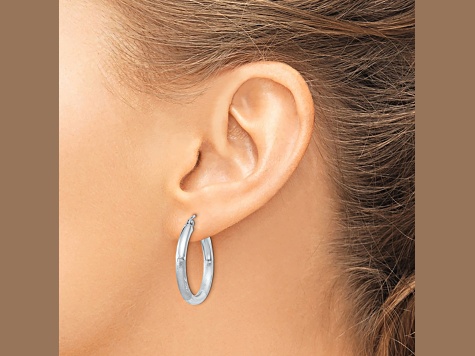 10k White Gold 20mm x 3mm Satin & Diamond-Cut  Round Hoop Earrings