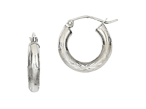 10k White Gold 10mm x 3mm Satin & Diamond-Cut Round Hoop Earrings