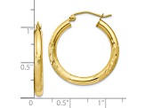 10k Yellow Gold 25mm x 3mm Satin & Diamond-Cut  Round Hoop Earrings