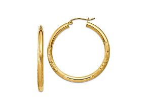 10k Yellow Gold 35mm x 3mm Satin & Diamond-Cut Round Hoop Earrings