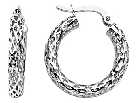 14k White Gold Polished Diamond Cut Glitter Mesh Hoop Earrings Hollow Center 14k White Gold Polished Diamond Cut Glitter Mesh Hoop Earrings Hollow Center