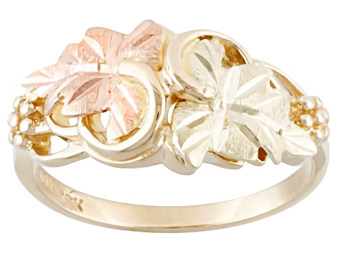 10k Yellow Gold And 12k Rose And Green Gold Leaves Ring