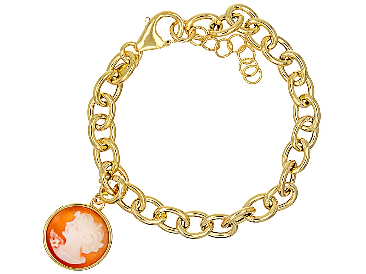 18k Yellow Gold Over Bronze Rolo Bracelet with 16mm Round Cameo Enhancer Charm