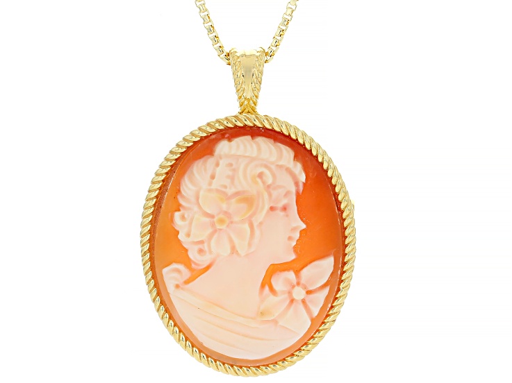 18k Yellow Gold Over Bronze 30x20mm Cameo with Rope Border Pendant with Chain