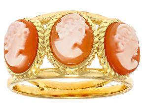 18k Yellow Gold Over Bronze 8x6mm Triple Cameo Band Ring with Rope Frame