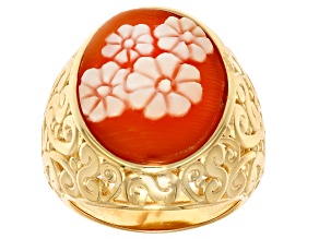 18k Yellow Gold Over Bronze 20x15mm Flower Carving with Ring Swirl Shank Design