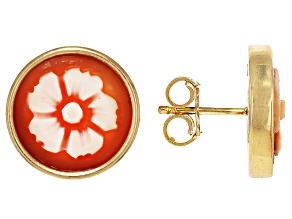 18k Yellow Gold Over Bronze 12mm Round Flower Carving Stud Earrings