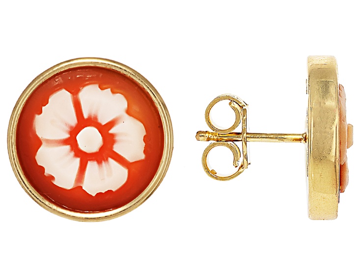 18k Yellow Gold Over Bronze 12mm Round Flower Carving Stud Earrings