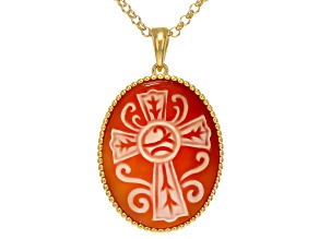 18k Yellow Gold Over Bronze Cross Carving with Beaded Frame Pendant on Rolo Chain