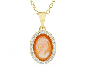 18k Yellow Gold Over Bronze with Cubic Zirconia Oval Cameo Pendant with Chain