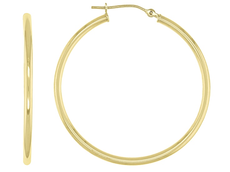 14k Yellow Gold 2mm Thick Diamond-Cut Round Tube Hoop Earrings 35mm