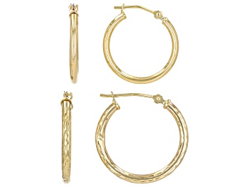 Picture of 10k Yellow Gold Polished & Diamond-Cut Edge Hoop Earring Set of 2